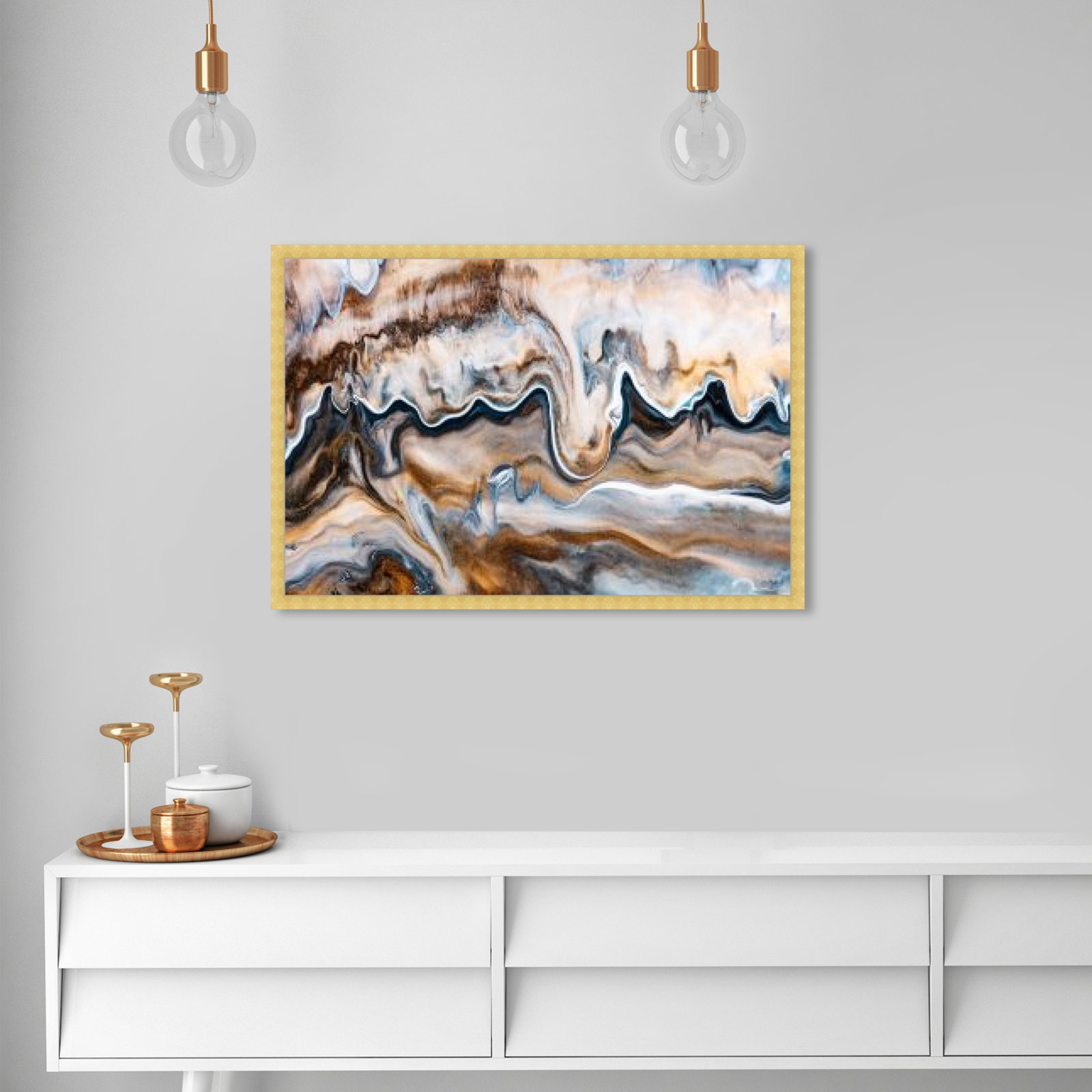 Copper and Blues Painting by Oliver Gal, 26" H x 38" W x 0.5" D, Gold
