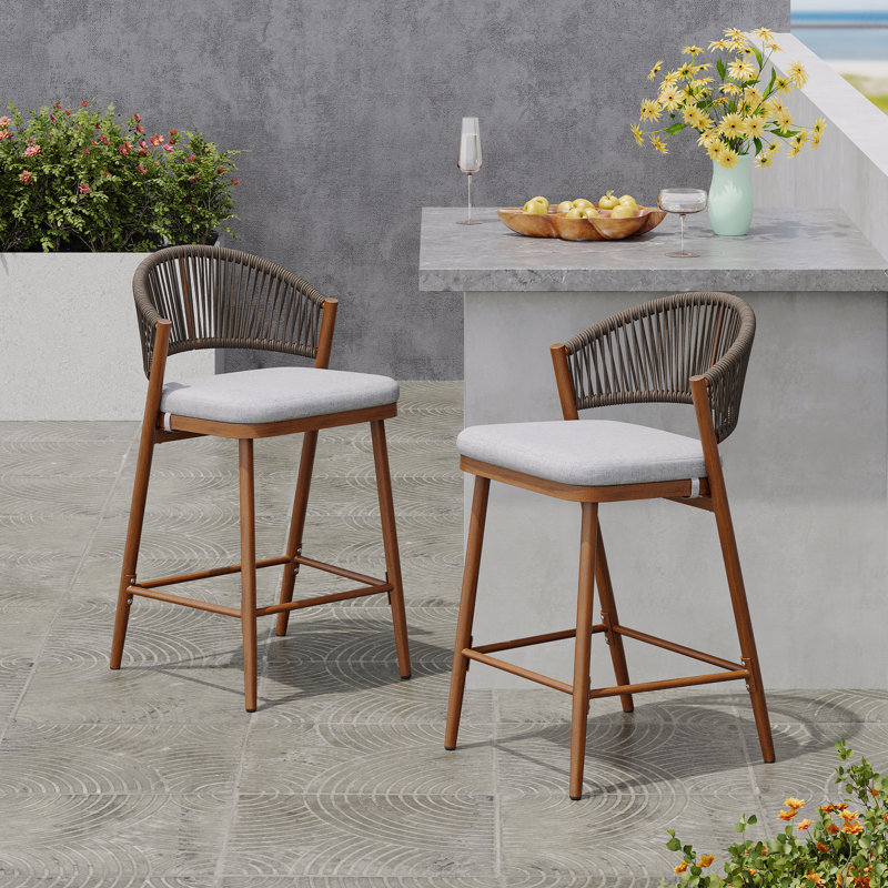 Set Of 2 Outdoor Patio Counter Stools, 26" Seat Height Aluminum Frame With PE Rattan Scallop-Shaped Backrest, 26", Brown
