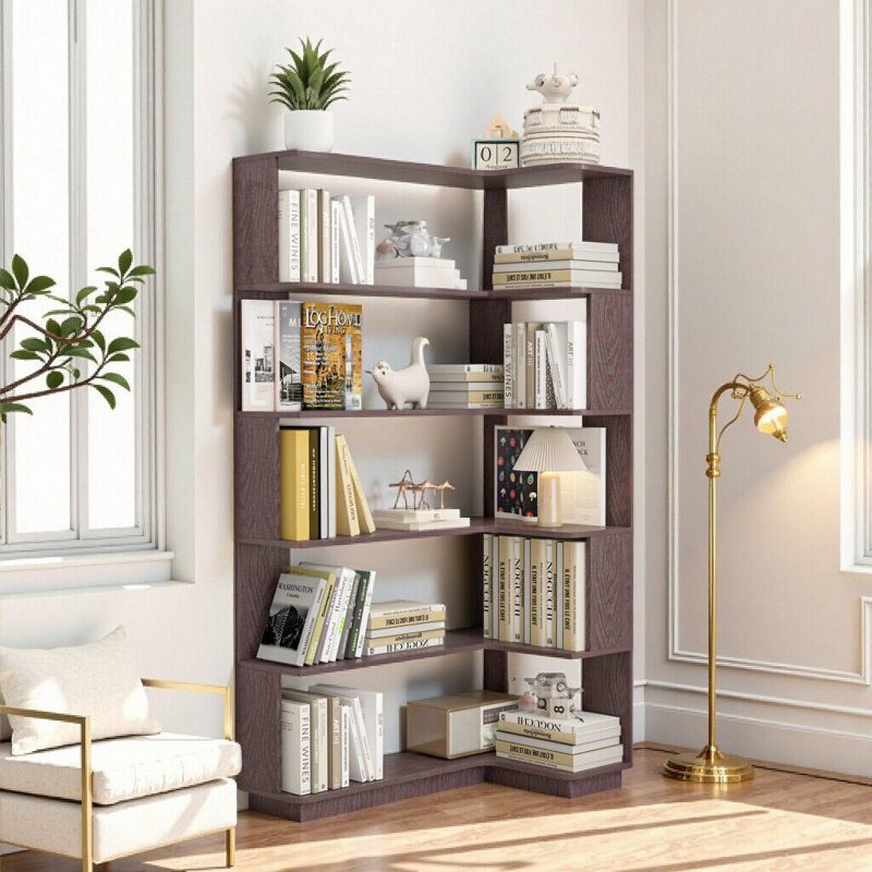 Freestanding Corner Bookshelf: Extended Size, Anti-Tipping Safety, Ox Blood Red