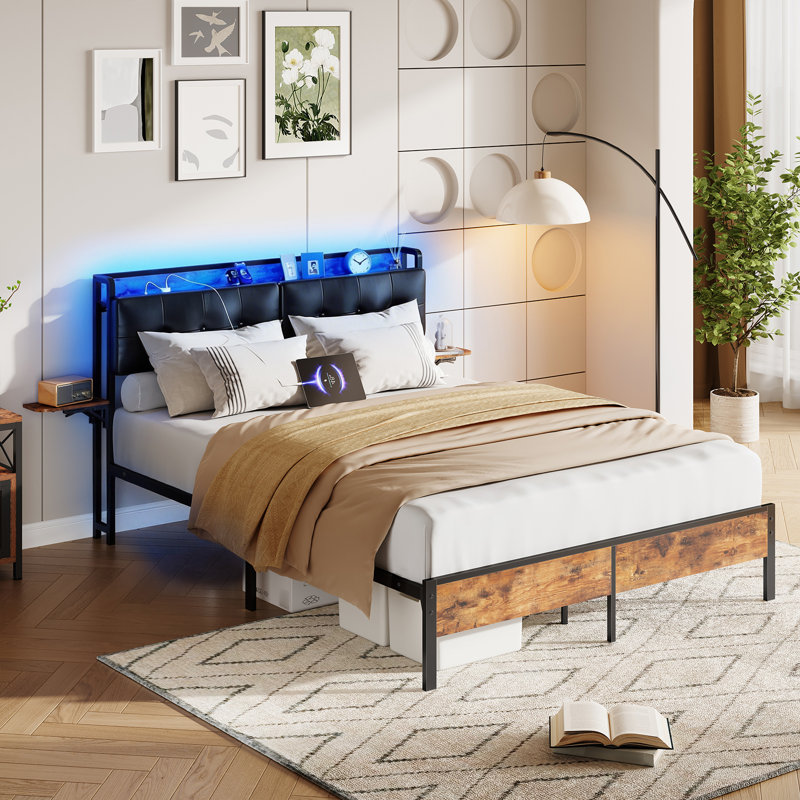 Nottaway Queen Size Bed Frame with Upholstered Headboard, with Storage & 2 Folding Panels, Metal Platform with Power Outlet & LED Light Strip