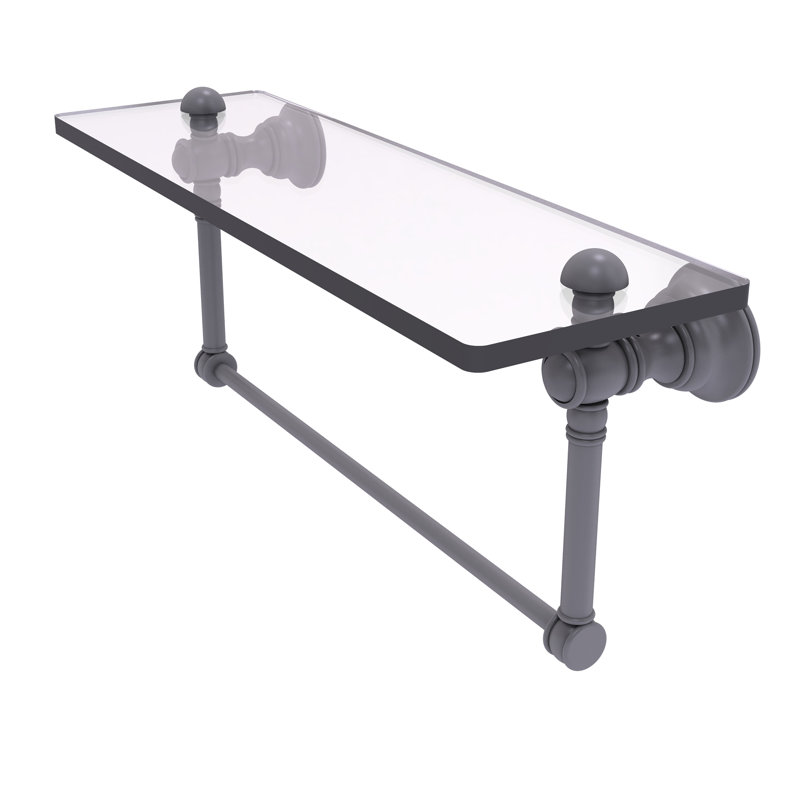 Freyja Glass Accent Shelf with Towel Bar, Matte Gray, 5.54" H x 16" W x 7" D