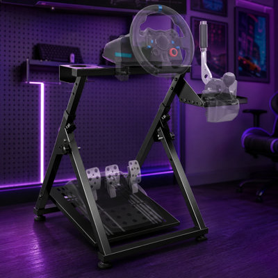 High Compatible Racing Wheel Stand Fits Handbrake, 29 Holes Wheel Panel & 26 Holes Shifter Panel, Foldable Sim Steering Racing Stand, Widely Height Adjustable And Cup Holder