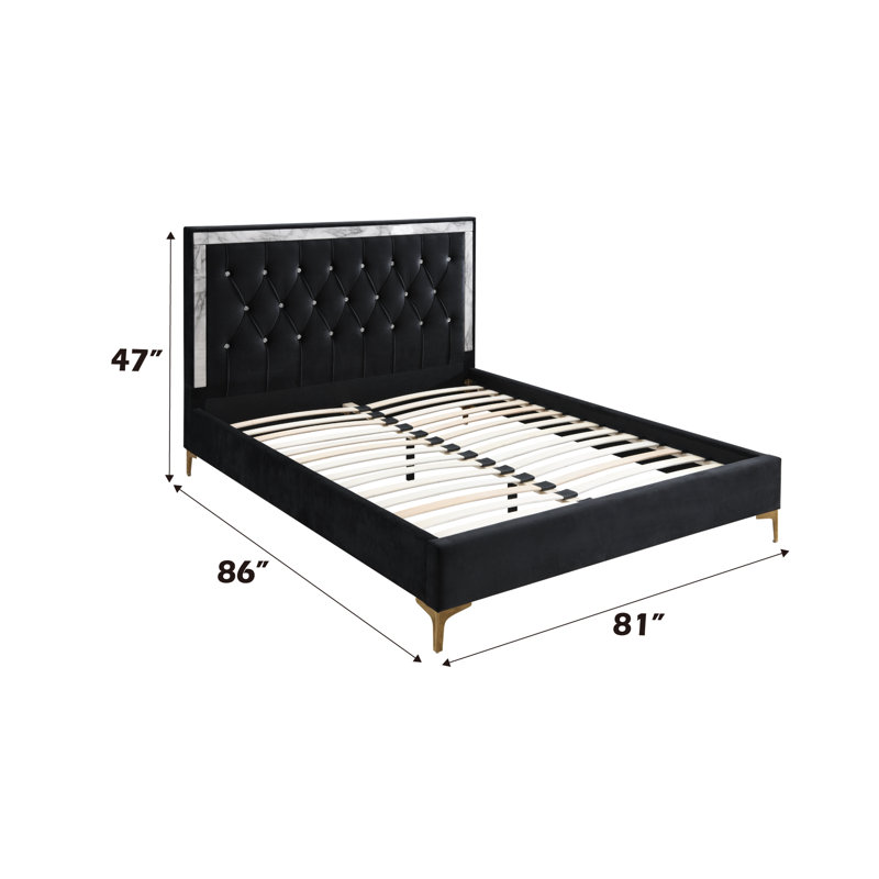 Black Tufted Upholstered King Bed with Faux Marble Trim