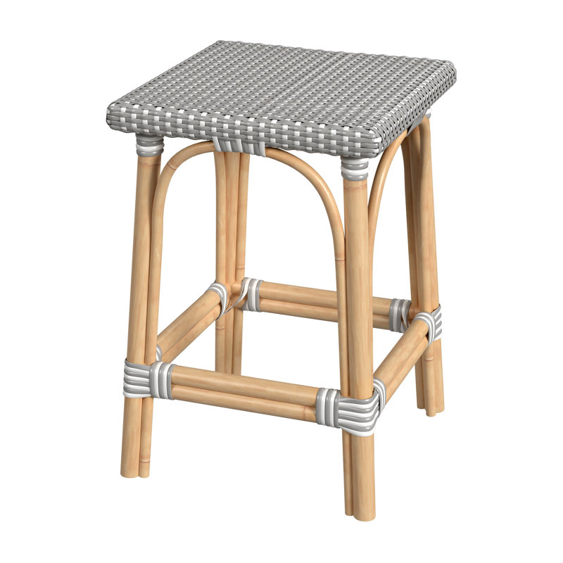 Riviera Gray/White Dot 24"H Square Rattan Counter Stool, Gray/White