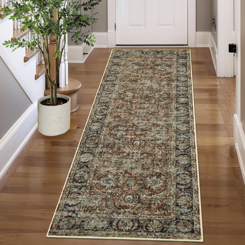 Tapis lavable rétro pour chambre à coucher, salon, salle à manger, Rouge, Tapis de couloir 2 pi x 6 pi