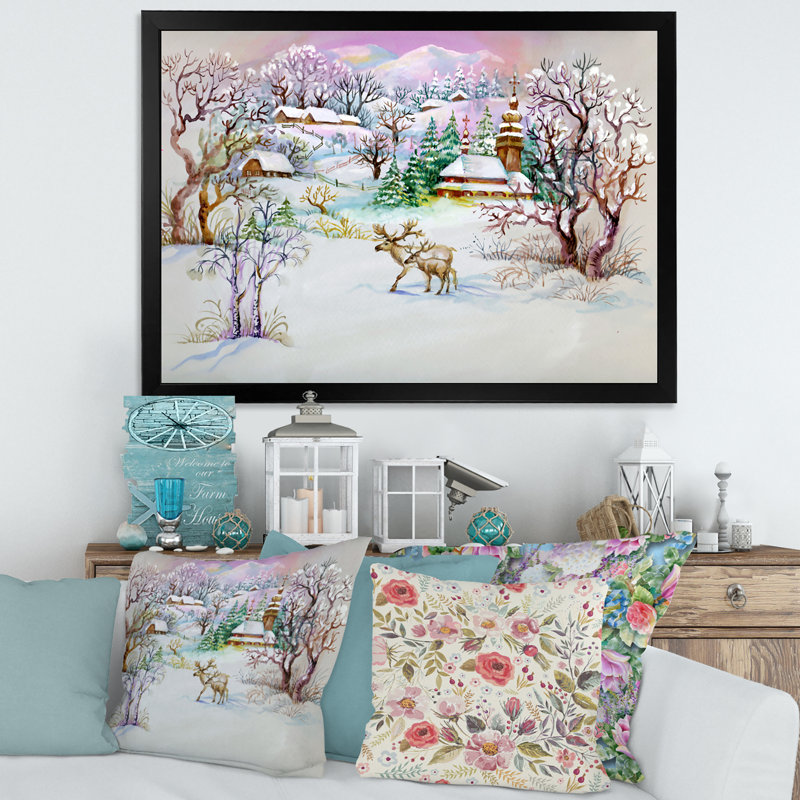 Winter Village Life - peinture sur toile, H 30 po x l 40 po x 1,5 po, Toile avec cadre noir
