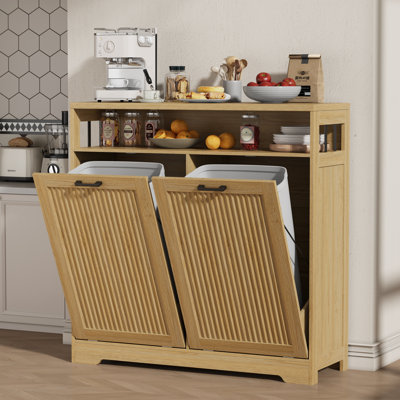 26-Gal Tilt-Out Trash Cabinet with Fluted Front and Open Shelf