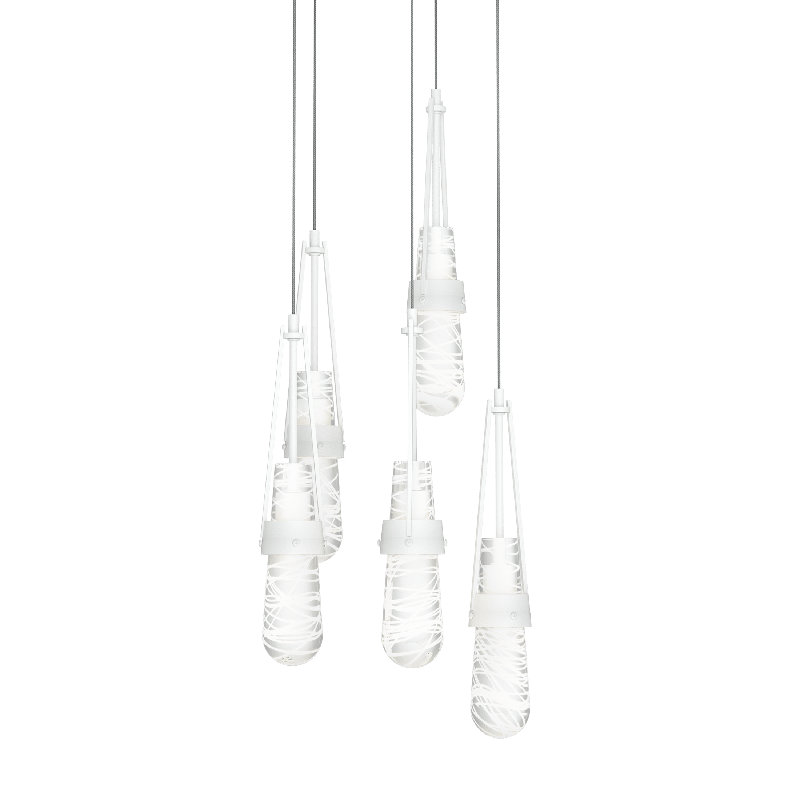 Link 5 - Light Pendant, Long: 19" to 130", Clear Glass with White Threading, White