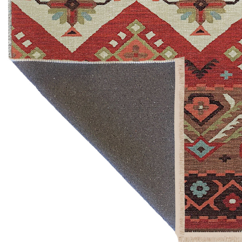 Tapis décoratif rouge multicolore à motifs traditionnels, Rectangle 3 pi 9,81 po x 4 pi 11,06 po