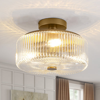 Plafonnier semi-encastré 3 lumières, plafonnier doré avec abat-jour en verre