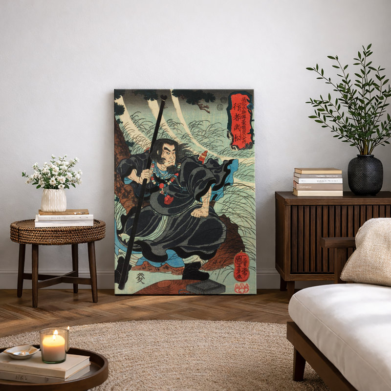 Illustration de Warrior with Spear Ukiyo-e, images de héros de Samouraï japonais, impression sur toile encadrée, Toile tendue