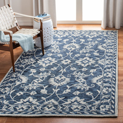 Tapis ikat en laine / coton touffeté à la main Umar - bleu marine / taupe