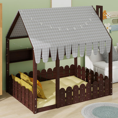Lit Montessori House avec tente, clôture de sécurité et 3 tablettes de rangement