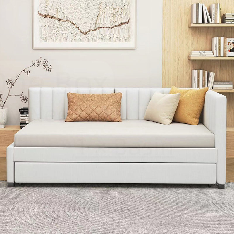 Upholstered Daybed with Trundle Sofa Bed Frame, No Box Spring Needed, Linen Fabric for Durability and Comfort, Beige