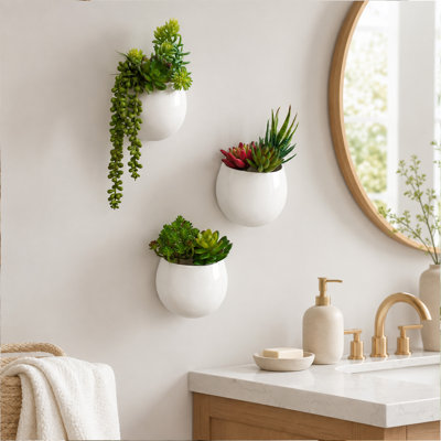 Set of 3 Ceramic Wall Planters, Artificial Succulents