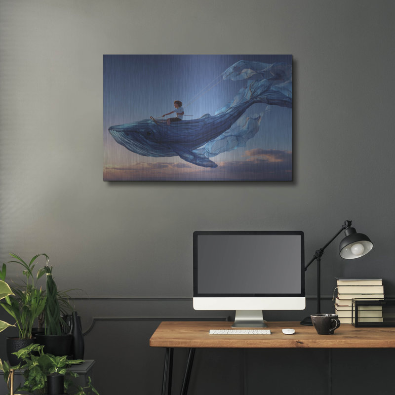  «Riding A Flying Whale» par Ann Klee, art mural en métal, 36 po x 24 po, H 24 po x l 36 po