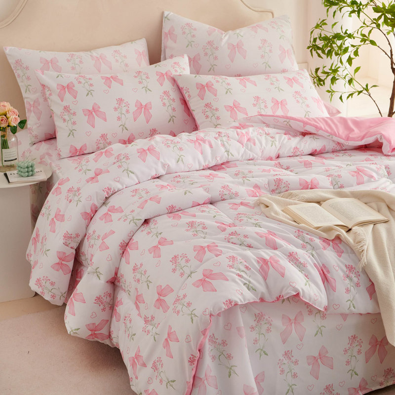 Girls Floral Comforter Set Romantic Princess Style Bowknot Bedding Set Ultra Soft Reversible Garden Flower Comforter With Pillowcases