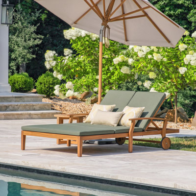 Reisterstown 79.25" Long Modern Acacia Wood Double Chaise Lounge with Reclining Backs & Cushions for Patio & Poolside