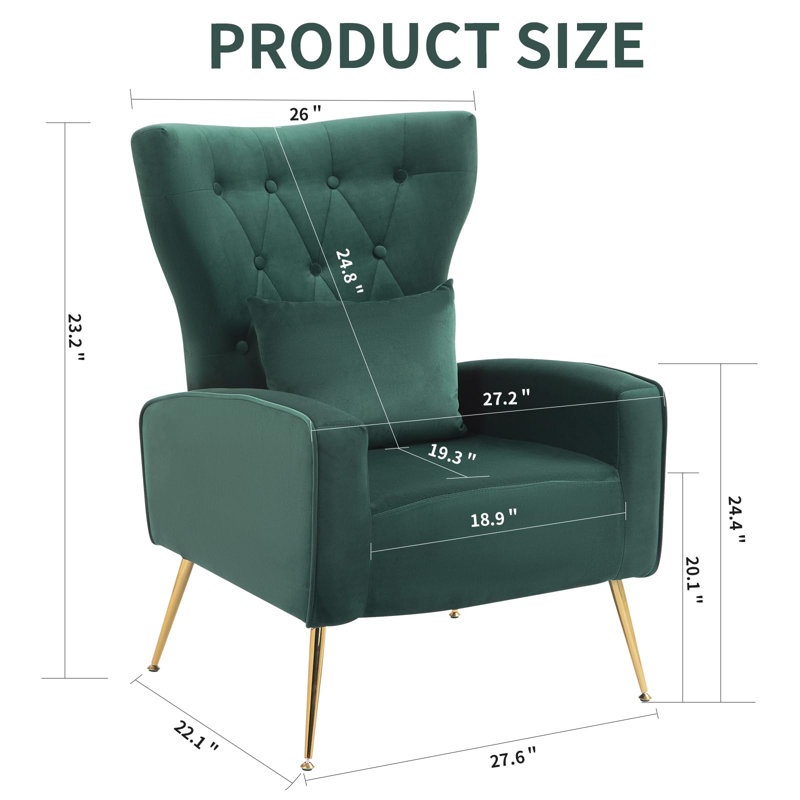 Green Velvet Wingback Accent Chair with Gold Metal Legs