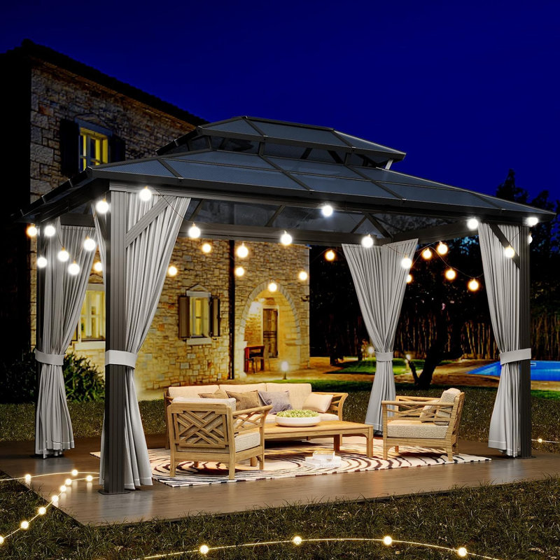 10X12FT dark gray All-Weather Hardtop Gazebo with Double Polycarbonate Roof Sturdy Aluminum Frame, Curtains & Netting Outdoor Pavilion Sunshade for Patio Garden
