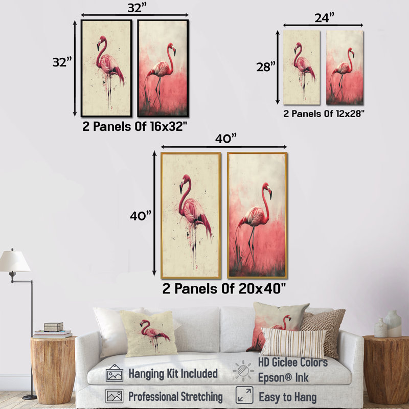 Réflexions de flamants tropicaux dans les eaux roses I - animaux, collection d'art mural 2 panneaux, Cadre crème crème
