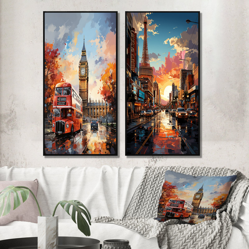 «Peach Red City London Popart», 2 pièces sur toile, Cadre noir, H 32 po x l 32 po