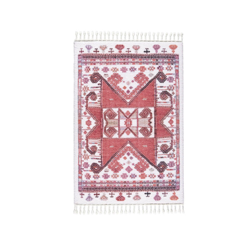 Tapis persan rectangulaire en polyamide tissé à la machine en rose / rouge, Rectangle 2 pi 7 po x 4 pi 11 po