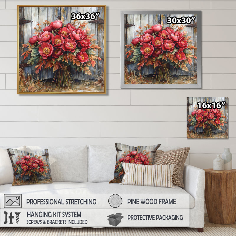 Rustic Charm Peony Bouquet - pivoines, art mural, Reproduction encadrée d'une seule photo, H 16 po x l 16 po, Blanc