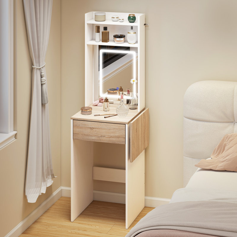 HOMCOM Small Dressing Table with Mirror LED Lights, White