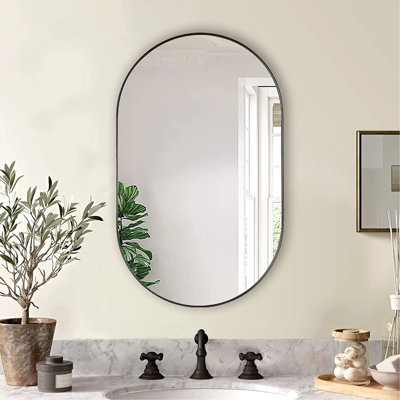 Miroir ovale en métal noir de 20 po x 33 po avec film incassable et cadre en alliage d'aluminium, idéal pour les décors muraux modernes, avec panneau de densité de verre sans déformation de 4 mm de diamètre, installation facile et rapide