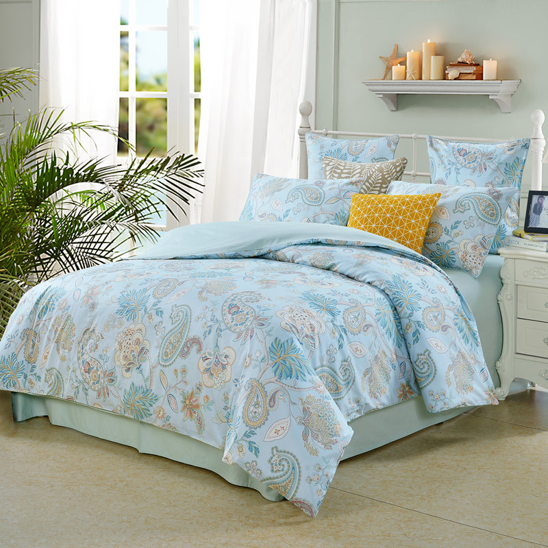  Ensemble de housse de couette 100% coton 800TC 800TC, ensemble de literie à motif damassé bohème de luxe rétro classique bleu, motif botanique esthétique pour chambre d'amis