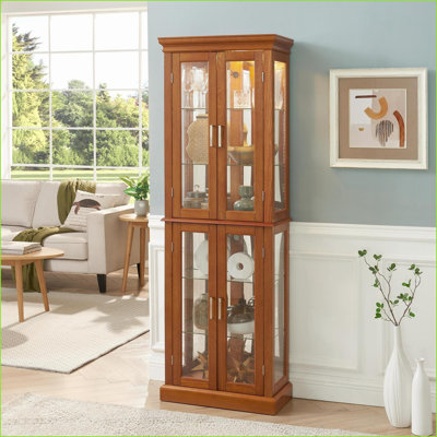 Cabinets, Walnut Brown Curio with Adjustable Shelves, Internal Lighting, Mirrored Back | 23.75W x 11.75D x 70H | Traditional | Living Room