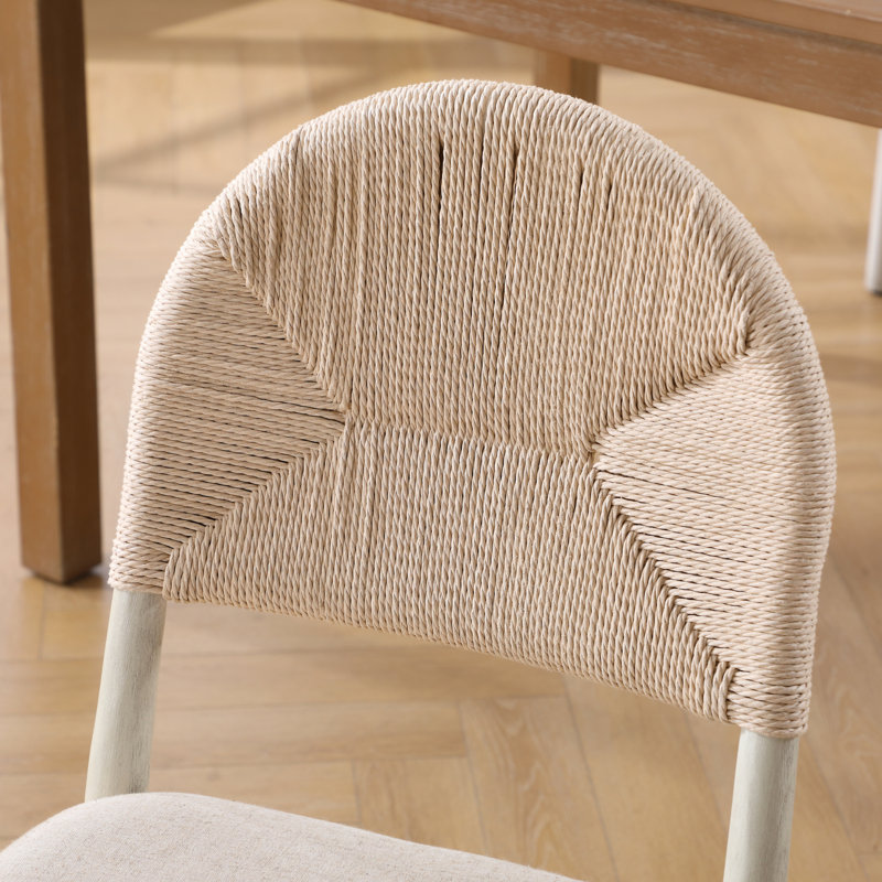 Chaises de salle à manger Boho avec revêtement en lin tissé et dossier en corde tissée (ensemble de 2), Blanc, Blanc
