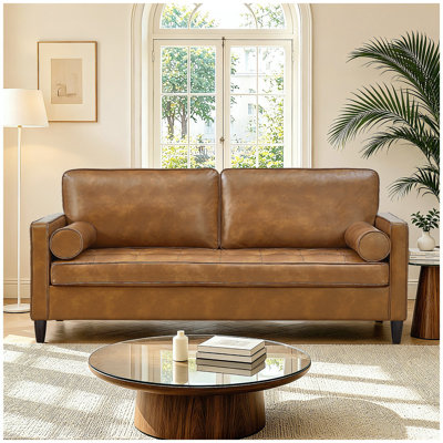 Canapé en cuir de conception classique, similicuir respirant avec coussin de siège capitonné, pieds en bois massif pour le salon, brun