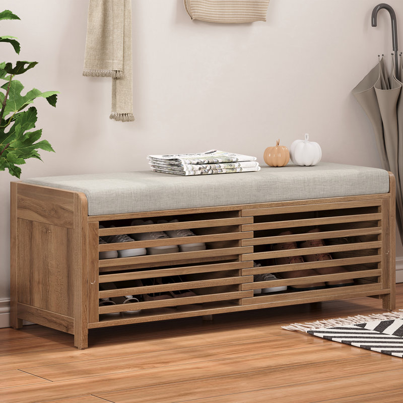 43" Distressed Shutter Storage Bench, Entryway Storage with Storage, White Washed