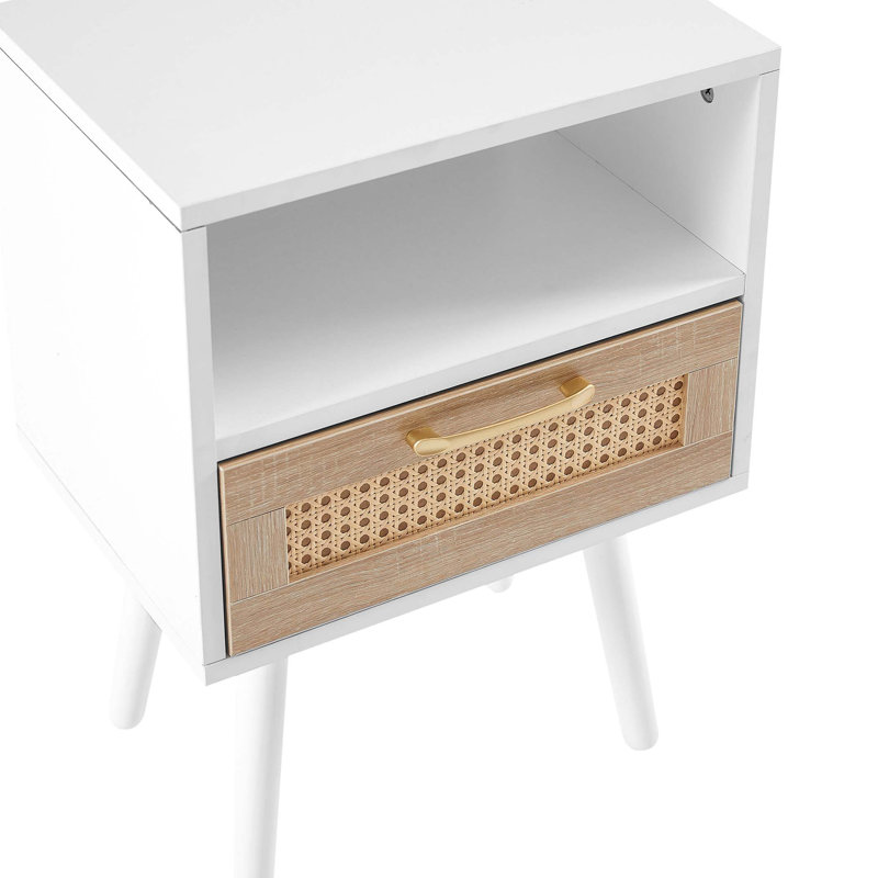 Table de bout en rotin de 15,75 po avec tiroir et pieds en bois massif, table de chevet moderne, table d'appoint pour le salon, la chambre à coucher, blanc