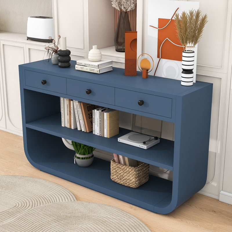 Console courbée avec 3 tiroirs à fermeture en douceur et 2 tablettes ouvertes, Bleu