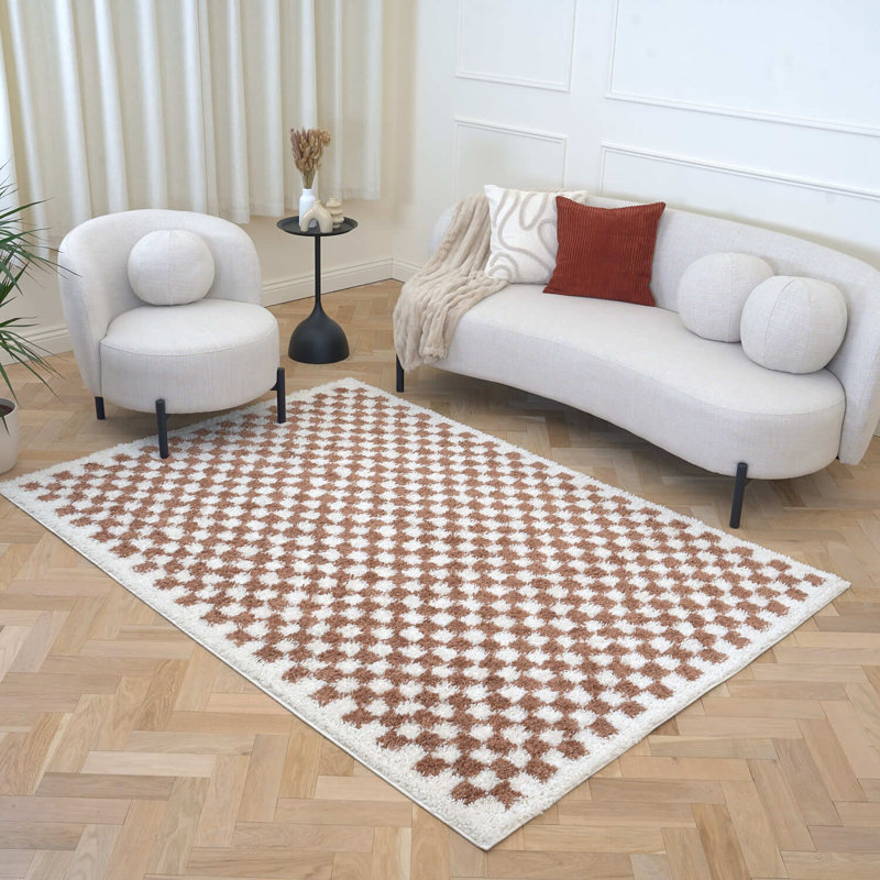 Moodi Modern Shaggy Area Rug Checkered Design, Rectangle 80 x 150 cm, Off-White/Terra