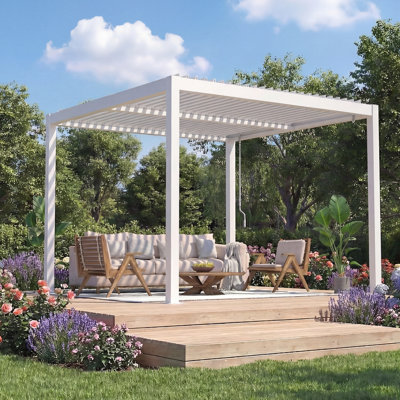 Pergola extérieure Erommy 10 'x 10' avec toit à persiennes réglable et drainage intégré, pergola à persiennes en métal robuste pour patio, blanc