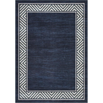 8x10 Modern Geometric Bordered Area Rug – Washable, Foldable, Stain-Resistant, Easy to Clean, Non-Slip for Living Room & Bedroom (Navy Blue)