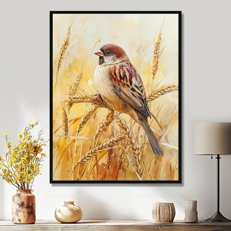  «House Sparrow Bird Parmi Les Blés III», reproduction sur toile encadrée, Noir, Reproduction avec cadre flottant