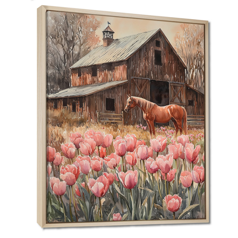 Dondu, tulipes et chevaux par la grange II - tulipes, art mural, H 20 po x l 12 po, Reproduction avec cadre flottant