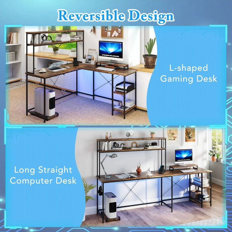 L-Shaped Metal Base Computer Desk with Power Outlet