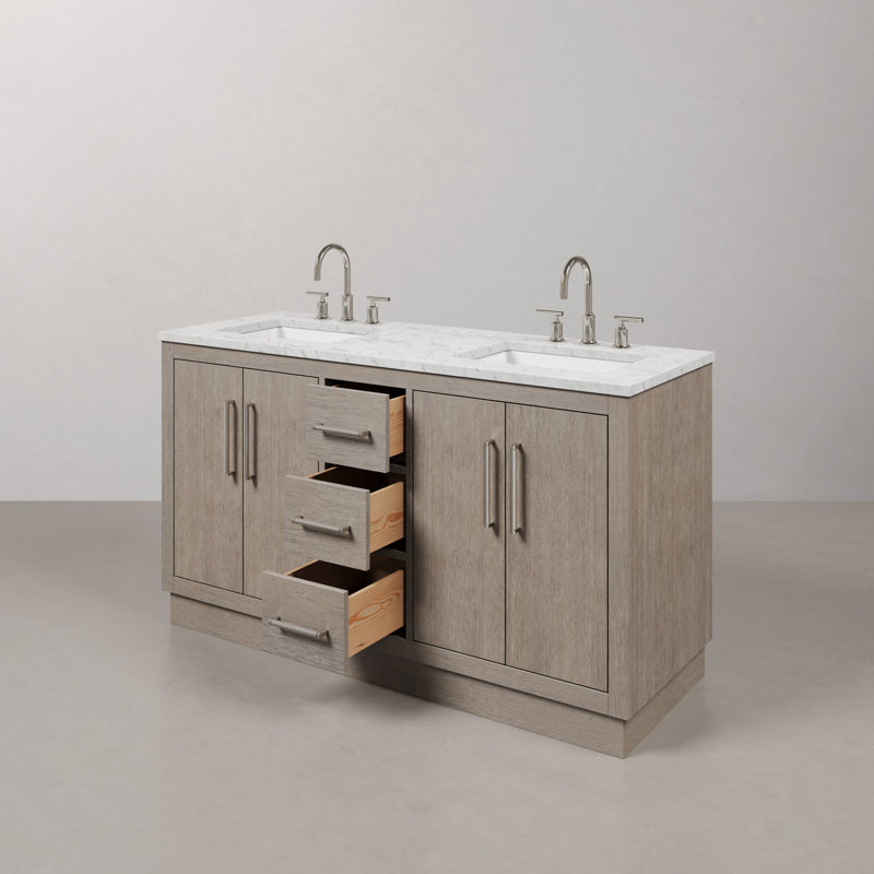 Hugo 60 In. Double Sink Carrara White Marble Countertop Vanity In Grey Oak With Gooseneck Faucets, Chrome