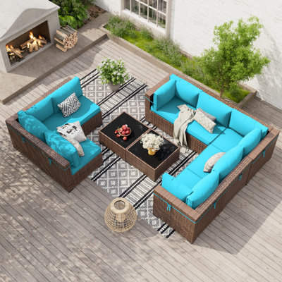 Ensemble modulaire de conversation modulaire en rotin pour 8 personnes avec 2 tables basses