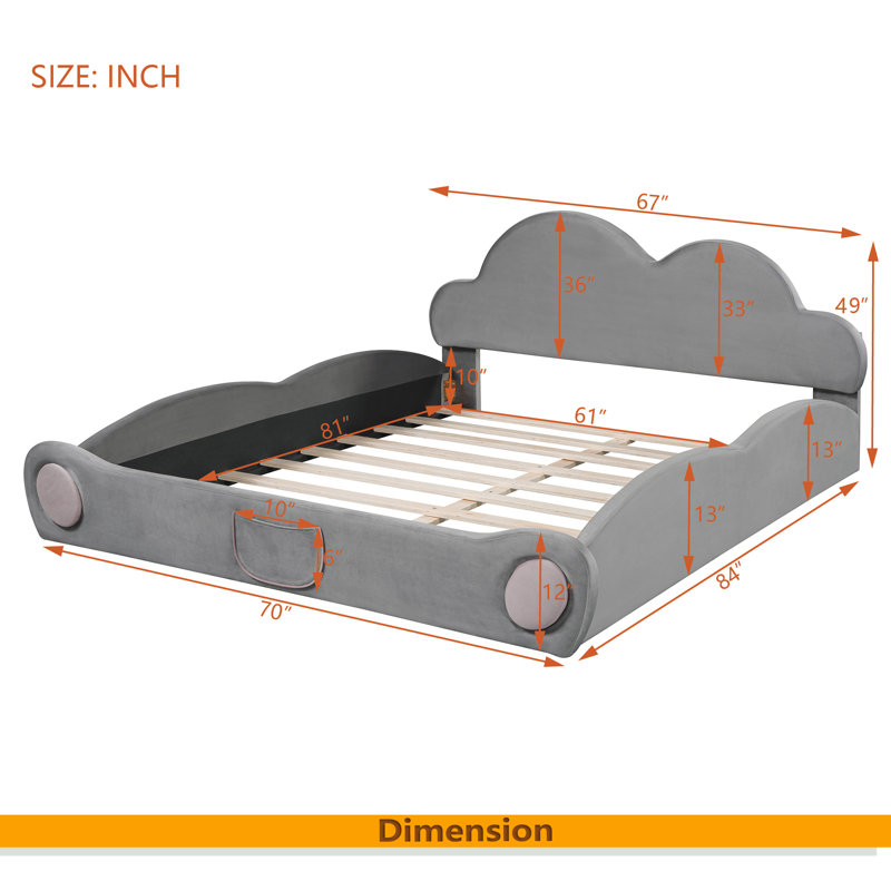 Queen Size Cloud-Shaped Headboard Upholstered Platform Bed, Gray