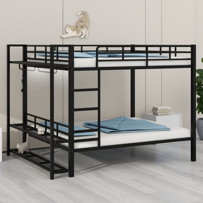 Space-Saving Metal Bunk Bed with LED Light, Storage Mesh Shelves and Clothes Hooks