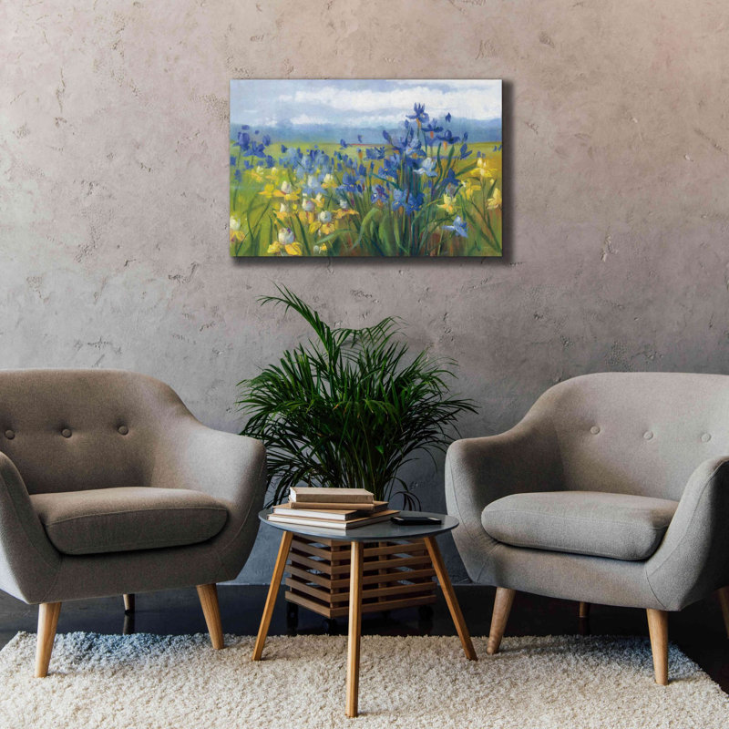 «Aaseem Blue and Yellow Flower Field on Canvas» par Carol Rowan, reproduction, H 26 po x l 40 po x P 1,5 po