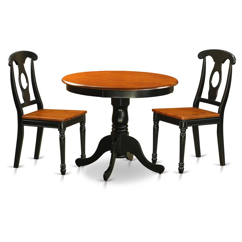 Ensemble de table de salle à manger 3 pièces pour petits espaces comprenant une table de cuisine ronde avec piédestal et 2 chaises, noir et cerise