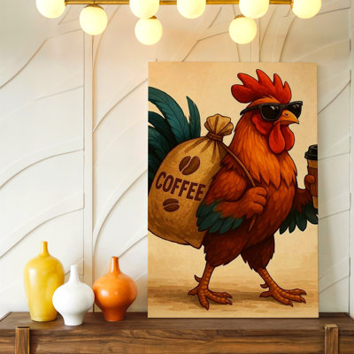 Drôle de coq avec tasse de sac de café, lunettes de soleil, impression d'art sur toile, couleur coordonnée, affiche pour décoration de cuisine, décoration murale galerie, décoration intérieure moderne